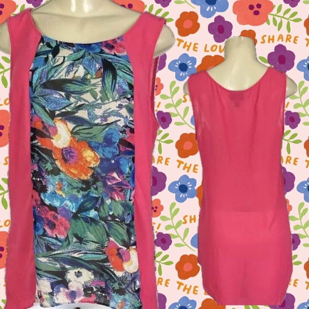 Nicole Miller L Sheer Hot Pink Floral Accent Scoop Neck Step-Hem Sleeveless Top